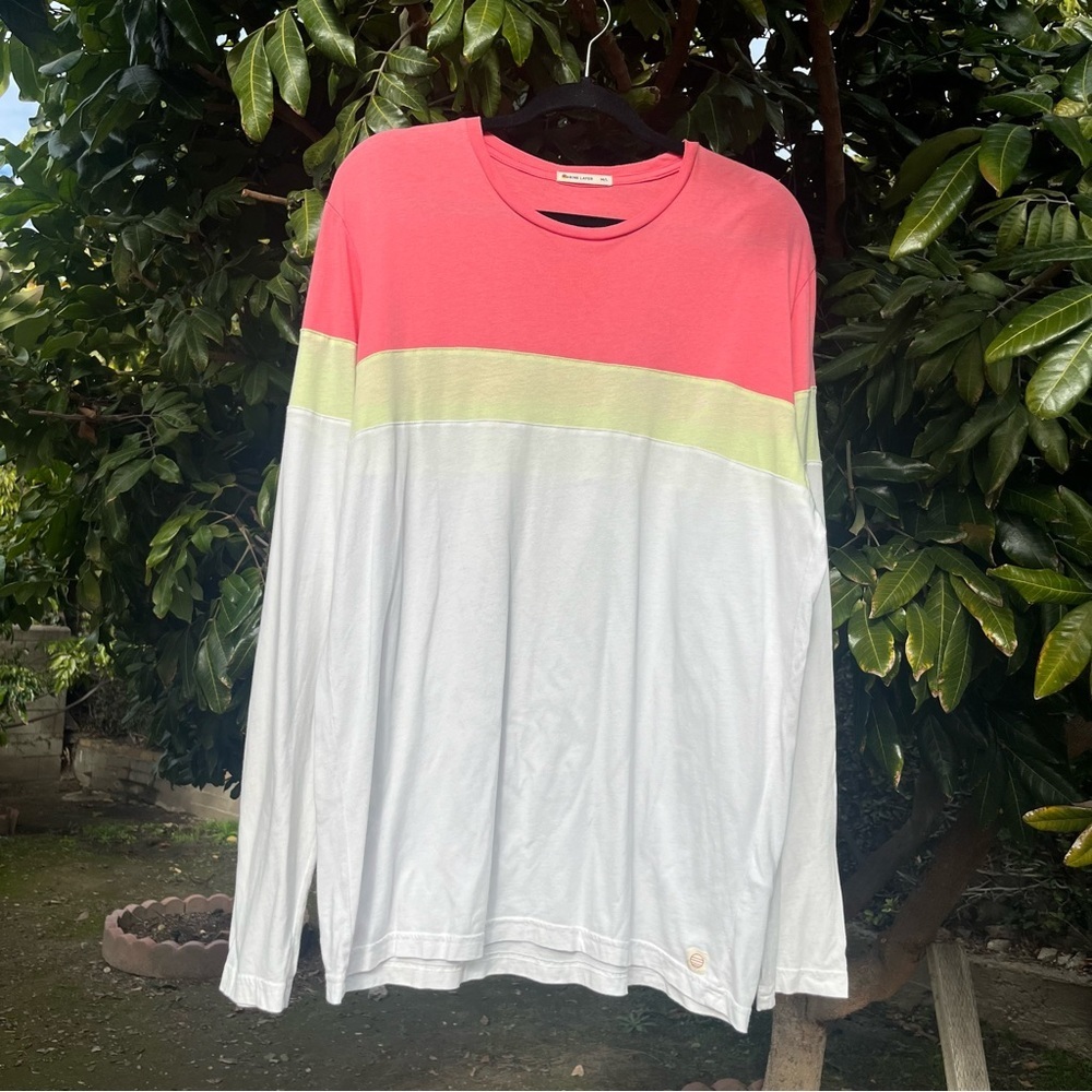 MARINE LAYER pink white yellow colorblock striped‎ crew neck long sleeve T-shirt